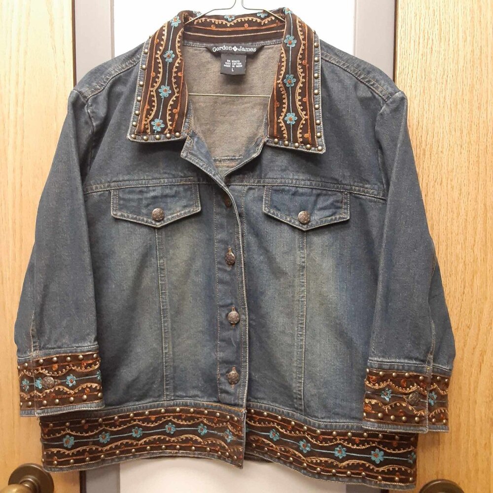 Vintage Gordon James Women's L Embroidered studded blue jean jacket Western Boho